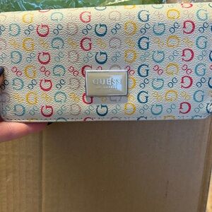 Guess Cream Wallet with Colorful Logo Pattern